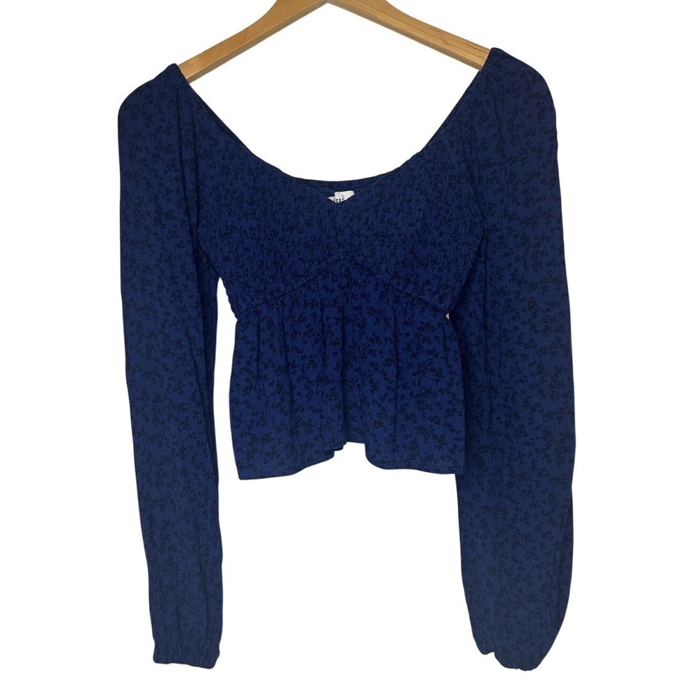 Hollister Babydoll Smocked top Y2K‎  XS Vintage Cropped Long Sleeve Blue Floral